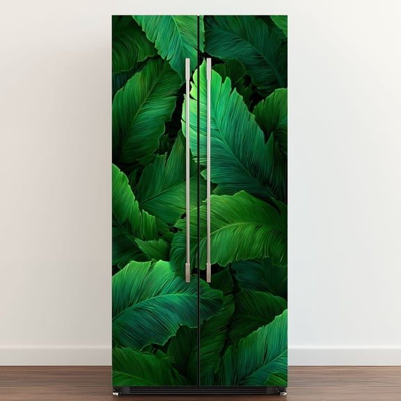 Self Adhesive Vinyl Refrigerator Wrap Set palm frond Tropical leaves Banana leaf Exotic design Door Mural Removable Fridge Sticker Peel and Stick&nbsp;Full Door Cover Decal Kitchen Bar Decor