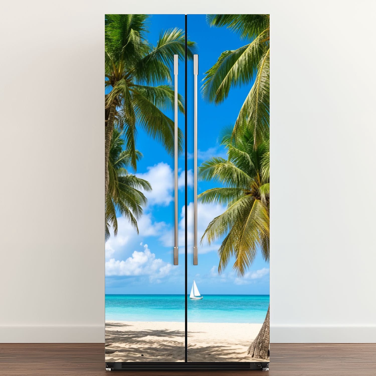 Self Adhesive Vinyl Refrigerator Wrap Set paradise tropical beach palm Door Mural Removable Fridge Sticker Peel and Stick&nbsp;Full Door Cover Decal Kitchen Bar Decor