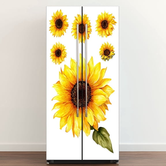 Self Adhesive Vinyl Refrigerator Wrap Set sunflower Door Mural Removable Fridge Sticker Peel and Stick Full Door Cover Decal Kitchen Bar Decor