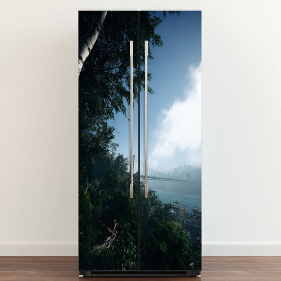 Self Adhesive Vinyl Refrigerator Wrap Set view mackinaw bridge from st ignace michigan framed by trees Door Mural Removable Fridge Sticker Peel and Stick Full Door Cover Decal Kitchen Bar Decor