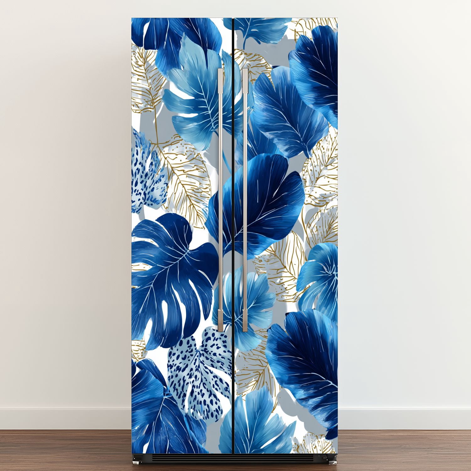 Self Adhesive Vinyl Refrigerator Wrap Set white tropical leaves gold elements blue leopard Door Mural Removable Fridge Sticker Peel and Stick&nbsp;Full Door Cover Decal Kitchen Bar Decor