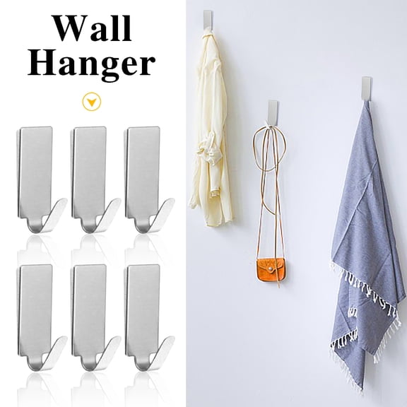 Self Adhesive Wall Hooks 6 Pack - Metal Towel Hooks for Bathroom Kitchen Door Key Hanger Hat Rack - No Drill Command Hooks for Hanging Towels Bags Robes Coats in Bedroom Hallway Office Entryway