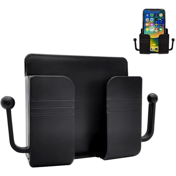 Self-Adhesive Wall Mount Phone Stand with Hooks for Smartphones - Charging Holder for iPhone and Android (Black)