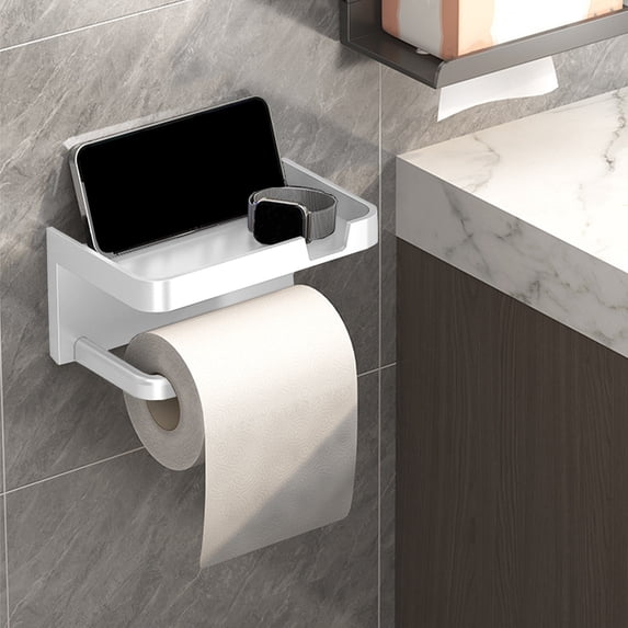 Self-Adhesive Wall Mounted Toilet Paper Holder, Rust Resistant Plastic Toilet Paper Bracket with Shelf, Tool-Free Installation for Bathroom and Washroom
