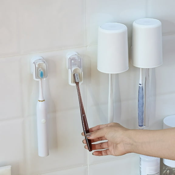 Self- Wall Mounted Toothbrush Holder with Protective Cover - White Bathroom Storage Organizer Rack for Shower, Kitchen, Dorm - No Drill Installation - 1.69x1.45x1.22 inches
