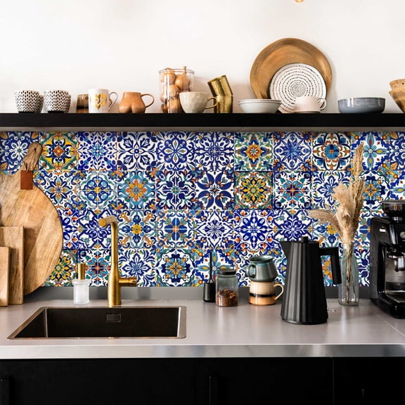 Self-Adhesive Wall Tile Decals, Peel and Stick Tile Stickers, Waterproof Backsplash Stickers for Kitchen Bathroom Decor, 6x6inch 24Pcs, Moroccan D