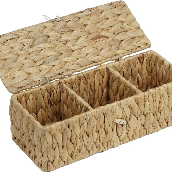 Self-Adhesive Wicker Storage Basket with Lid - Rectangular Woven Organizer with Multiple Compartments, Decorative Brown Wicker Box for Bathroom, Bedroom, Living Room - Space-Saving Organizer