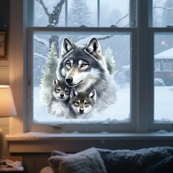 A Self-Adhesive Winter Wolf Home Decor Sticker (11.81*11.81inch) for Beautifying Bedrooms, Living Rooms, Balconies, And Window Displays, Featuring a Double-Sided Visible Design