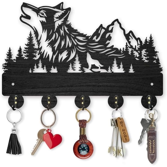 Self-Adhesive Wolf forest Mountains Coat Rack Wall Mounted 11.87.9inch Wood forest Animal Key Holder for Wall Black Hooks Wall Art Decor 5 Alloy Hooks DIY