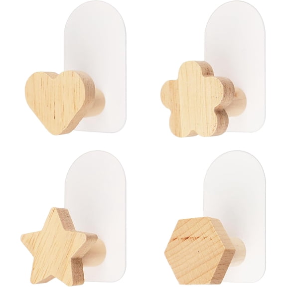 Self Adhesive Wooden Wall Hooks, 4pcs Wall Mounted Natural Theme Decorations Hooks Children's Coat Hooks Cartoon Wood Hooks for Towels, Backpacks, Hats and Coats