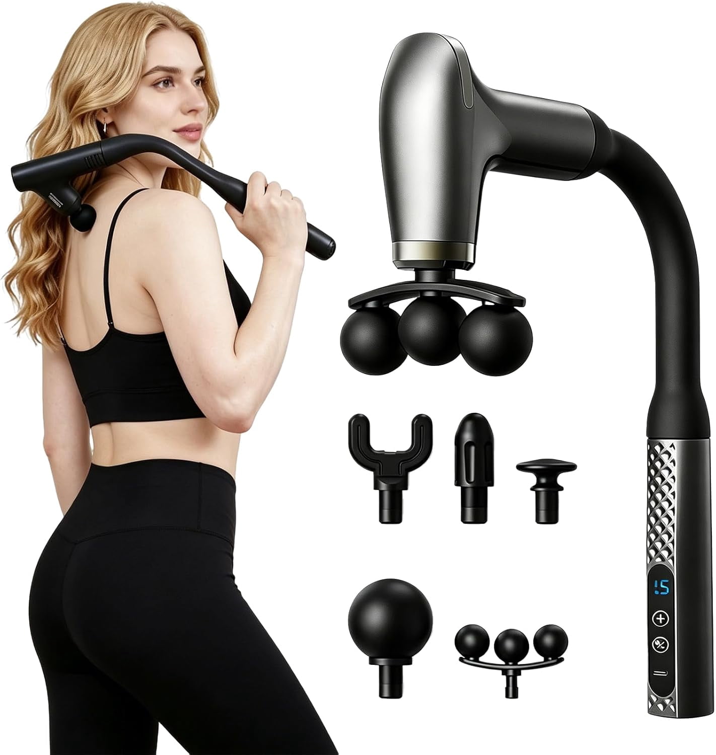 Self Back Massager for Deep Tissue,Hard-to-Reach Areas,9 Modes-9 Adjustable Intensities,Massage Gun with Extension Handle,for Muscle Neck Shoulders Waist Legs,Post-Workout Recovery (Silver)