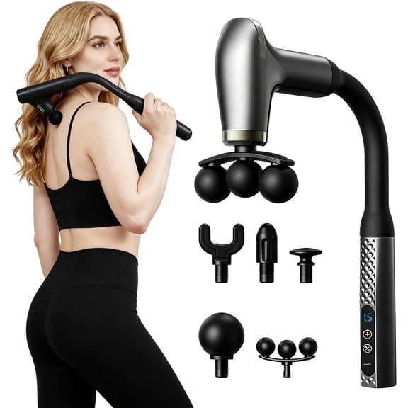 Self Back Massager for Deep Tissue,Hard-to-Reach Areas,9 Modes-9 Adjustable Intensities,Massage Gun with Extension Handle,for Muscle Neck Shoulders Waist Legs,Post-Workout Recovery (Silver)
