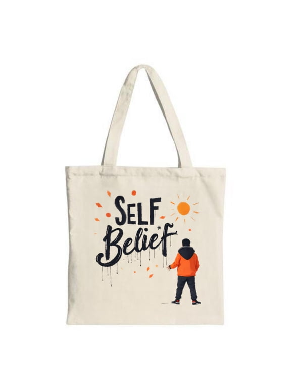 Self Belief Tote Bag - Canvas Bag with Orange Hoodie Artist Design Splatter Perfect for Shopping Travel & Parties