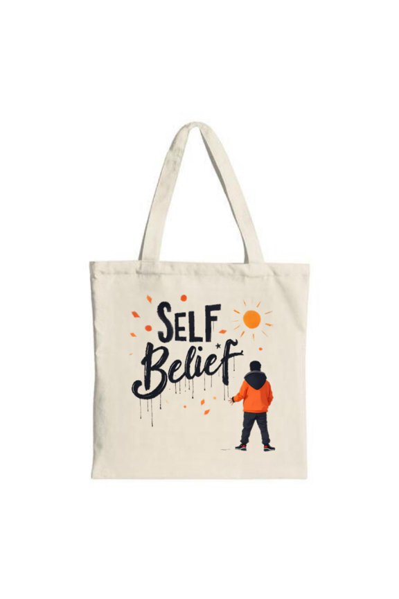 Self Belief Tote Bag - Canvas Bag with Orange Hoodie Artist Design Splatter Perfect for Shopping Travel & Parties