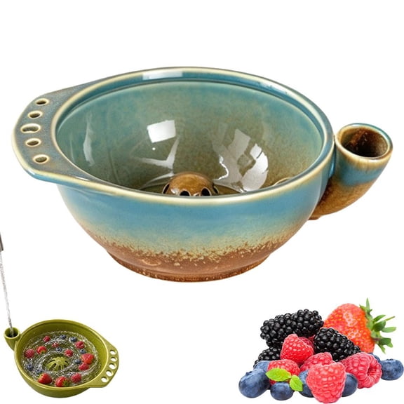 Self Berry Bowl with Drain Holes, 7inch Artisan Ceramic Berry Washing Bowl, Strainer Pottery Fruit Strawberry Vegetable Spinner Cleaner Washer Drain Basket for Strawberries, Blueberries