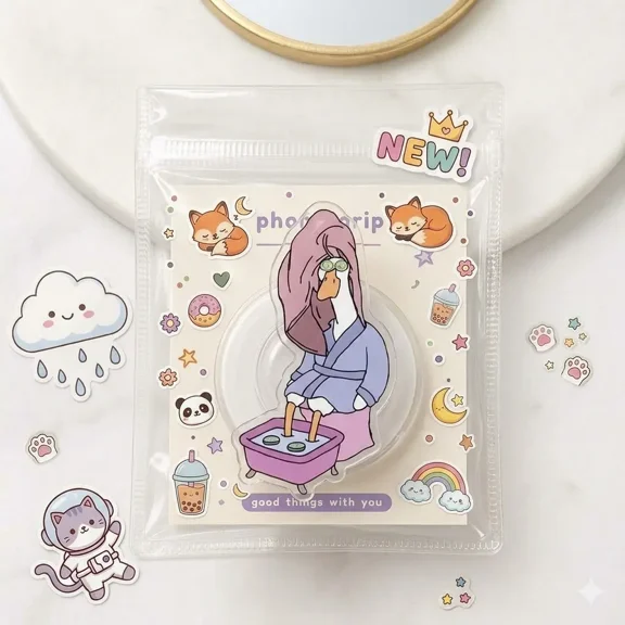 Self Care Bird Phone Grip, Cute Cartoon Duck in Robe Phone Holder, Foot Soak and Eye Mask, Funny Kawaii for Teens E-Reader Grip Accessory
