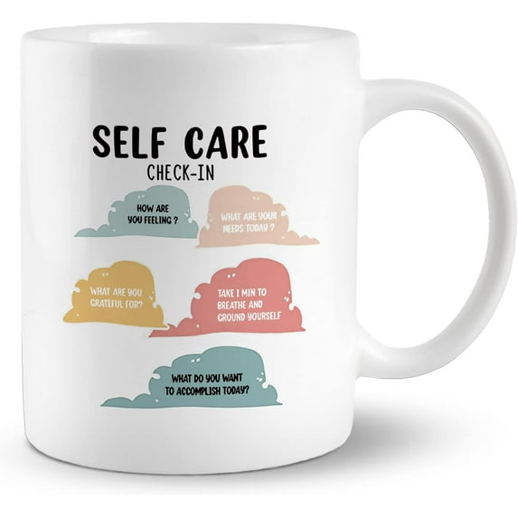 Self Care Check-In Control 11 Ounces Ceramic Mug Cup, Mental Health Coffee Tea Mug Cup, Home Girls Room Mental Health Therapist Office Decor, Daily Affirmations Art Gifts, Teens Girls Gifts