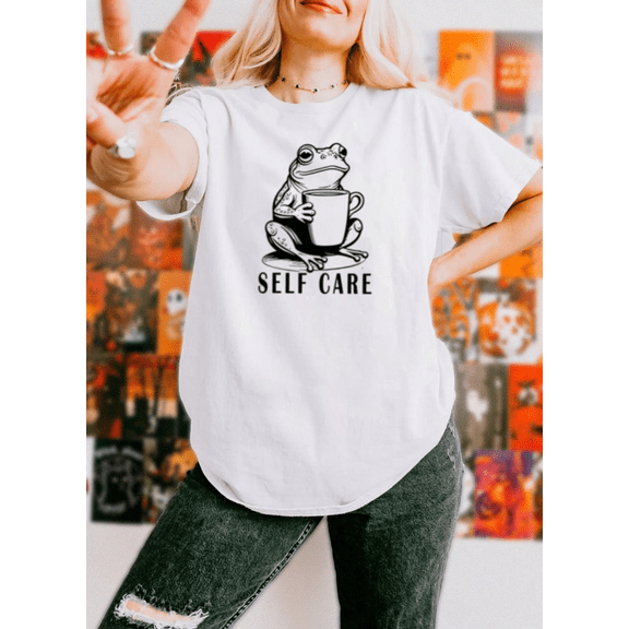 Self Care Frog Yoga Relaxation Inspired Graphic Print Vintage Unisex T-Shirt, up to size 5XL