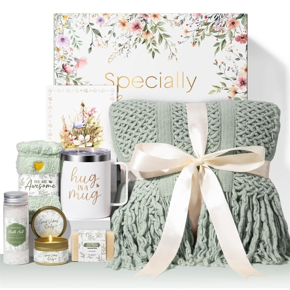 Self Care Gifts for Women, 8 Pcs Birthday Gift Get Well Soon Gift Baskets, Thinking of You Sympathy Gifts Baskets Spa Care Package with Knitted Tassel Blanket, Mothers Day Gifts for Mom, Sage Green