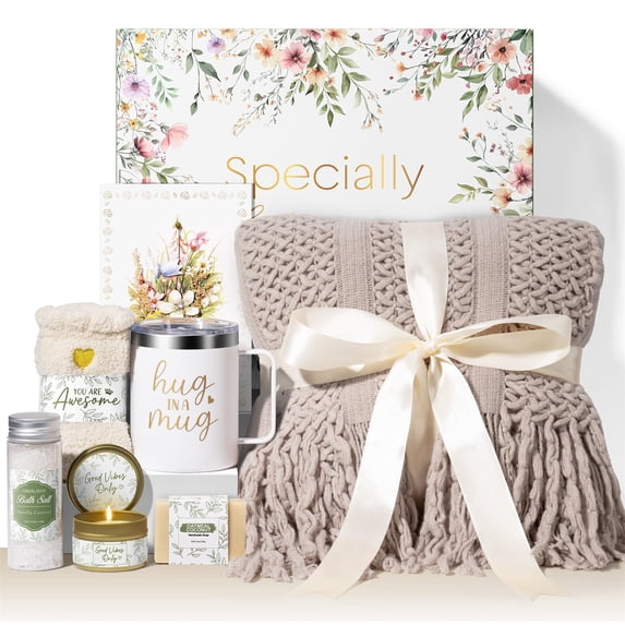 Self Care Gifts for Women, 8 Pcs Birthday Gift Get Well Soon Gift Baskets, Thinking of You Sympathy Gifts Baskets Spa Care Package with Knitted Tassel Blanket, Mothers Day Gifts for Mom, Khaki