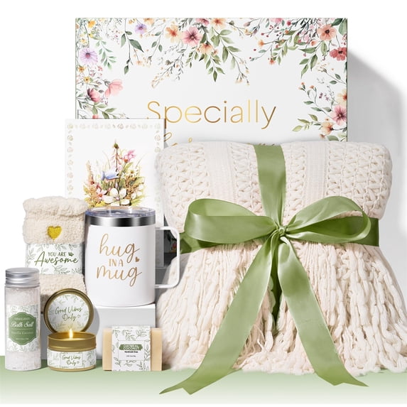 Self Care Gifts for Women, 8 Pcs Birthday Gift Get Well Soon Gift Baskets, Thinking of You Sympathy Gifts Baskets Spa Care Package with Knitted Tassel Blanket, Mothers Day Gifts for Mom, Ivory