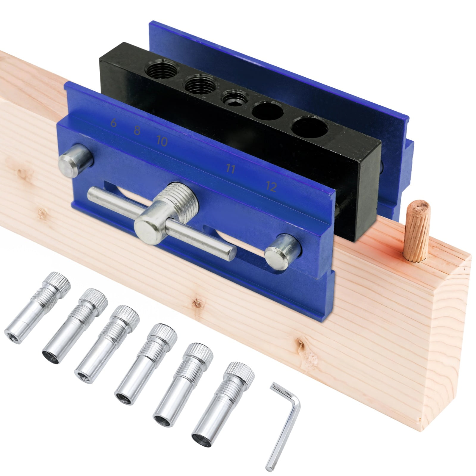 Self Centering Doweling Jig, Adjustable Doweling Jig, Straight Hole Drilling Guide, Precision Woodworking Tool with Multiple Drill Sizes, High Durability, Blue Aluminum Body