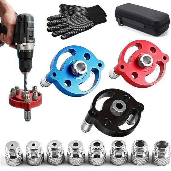 Self Centering Doweling Jig Precision Drill Guide Aluminum Alloy Handheld Tool for Flawless Woodworking Joints, 2-10mm Bushings, Ideal for Shelf Building, Joinery (Blue+Red+Black, 2Pcs) (K)