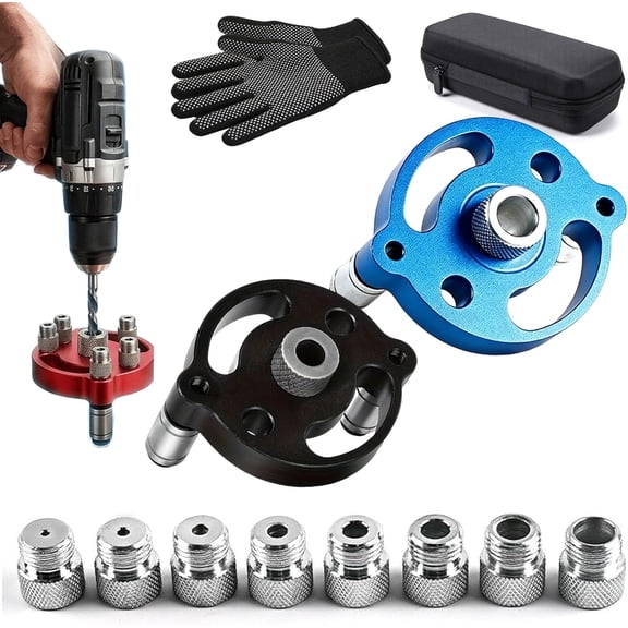 Self Centering Doweling Jig Precision Drill Guide  Aluminum Alloy Handheld Tool for Flawless Woodworking Joints, 2-10mm Bushings, Ideal for Shelf Building, Joinery (Blue+Black, 2Pcs) (K)
