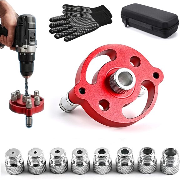 Self Centering Doweling Jig Precision Drill Guide  Aluminum Alloy Handheld Tool for Flawless Woodworking Joints, 2-10mm Bushings, Ideal for Shelf Building, Joinery (Red, 1Pcs) (K)