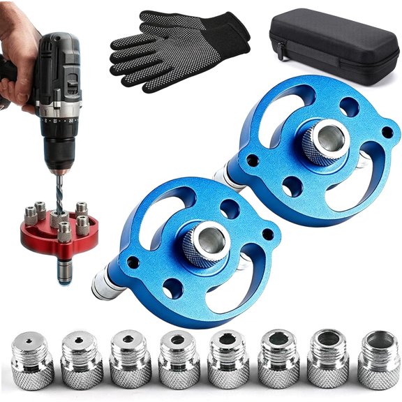 Self Centering Doweling Jig Precision Drill Guide  Aluminum Alloy Handheld Tool for Flawless Woodworking Joints, 2-10mm Bushings, Ideal for Shelf Building, Joinery (Blue, 2Pcs) (K)