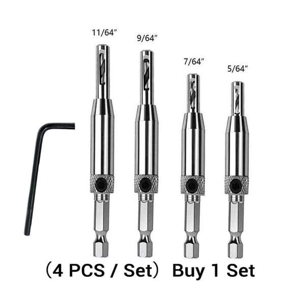 Self Centering Drill Bit Set Hinge Drill Bits 5/64-11/64" Hex Shank for Woodworking, Spring Loaded Door Hinge Hole Drilling Tool Kit with Hex Wrench(5Pcs)
