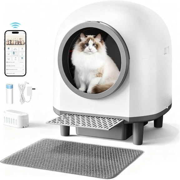 Self Cleaning Litter Box for Multiple Cats, 88L Large Smart Automatic Cat Litter Box with App Control, Health Monitoring, Integrated Safety Sensors, Odor Removal, Mat, Liners (White)