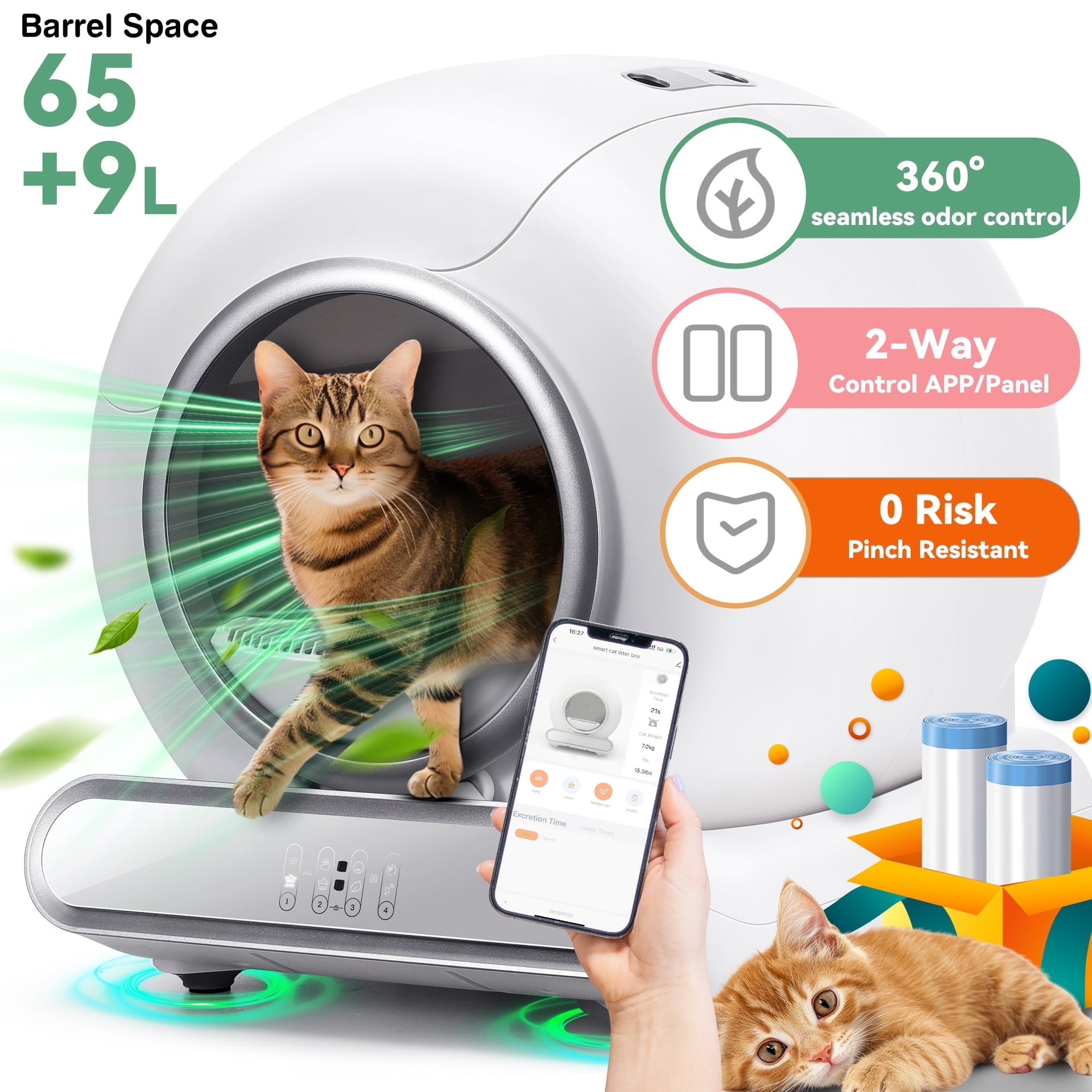 Self-Cleaning Automatic Cat Litter Box w/ Odor-Free Technology, Remote APP Control, 18Lbs Weight Capacity for Multiple Cat & Safety Detection, Cat Litter Box with 2 Roll Liner