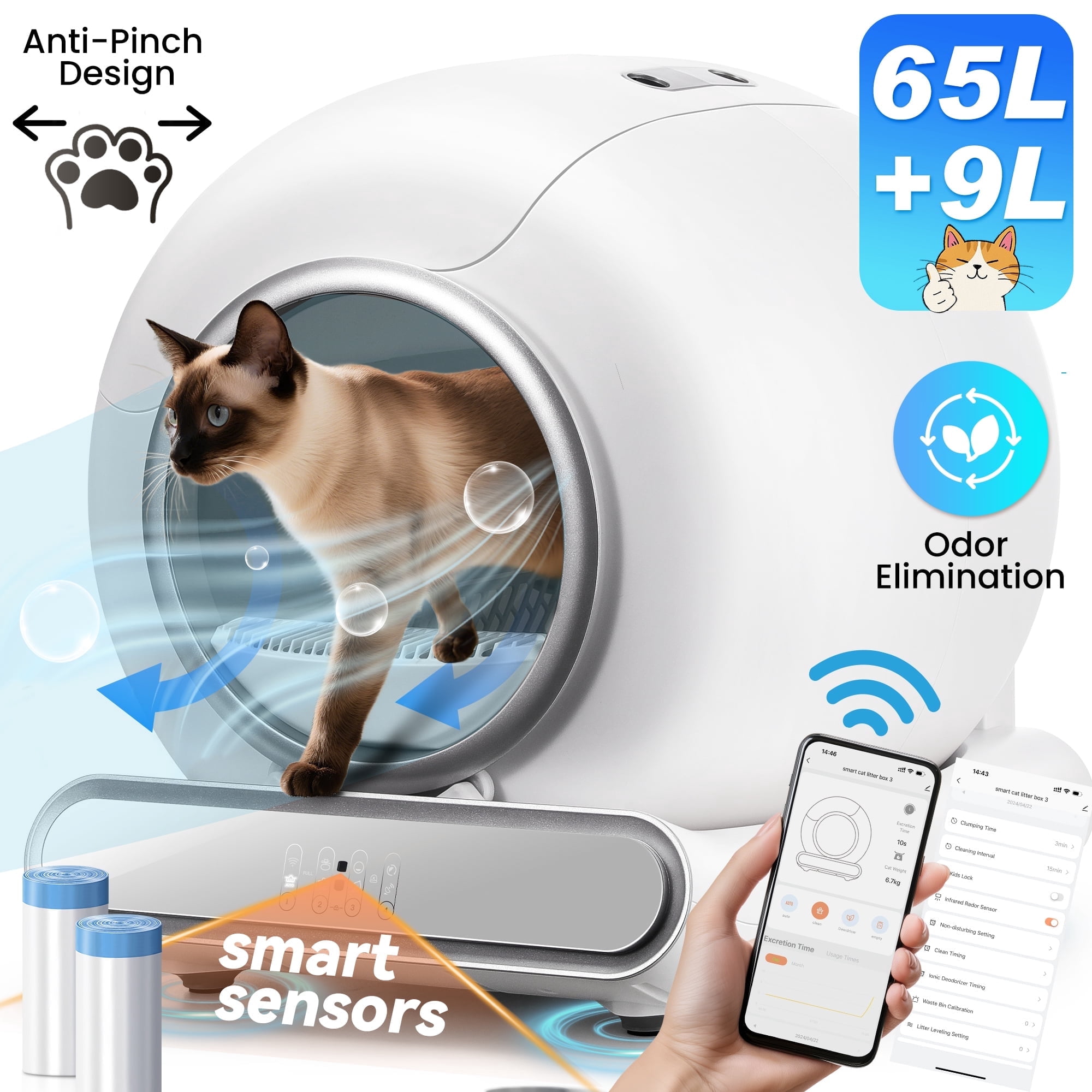 Self Cleaning Cat Litter Box, 65+9L Large Automatic Litter Box with Liner for Multiple Cats, App Controlled, Odor Removal, Anti-Pinch Design