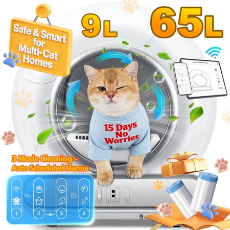 Self Cleaning Cat Litter Box, 65L+9L Automatic Litter Box for Multiple Cats, Ion Deodorization, Safety Sensor, APP Control, Health Monitoring, Quiet Operation, Includes 2 Liner Rolls