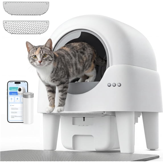 Self Cleaning Cat Litter Box, 90L Large Capacity with APP Control & Smart Safety Sensors, Cats 2.2–15 lbs, Quiet Operation, Easy Clean Detachable Globe, Cream White