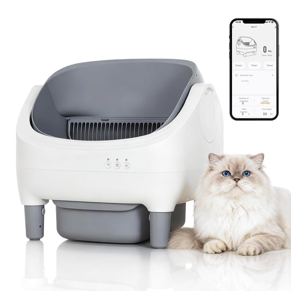 Self-Cleaning Cat Litter Box with APP, WiFi Control, Open-Top Design, 10.5L Odor-Free Sealed Bin, 7-Point Safety Sensors, for Multiple & Large Cats, Ultra-Quiet Automatic Litter Box Trash Bag,Grey