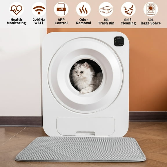 Self Cleaning Cat Litter Box, Automatic Cat Litter Box Large Capacity for Multiple Cats with App Control, Safety Protection, White
