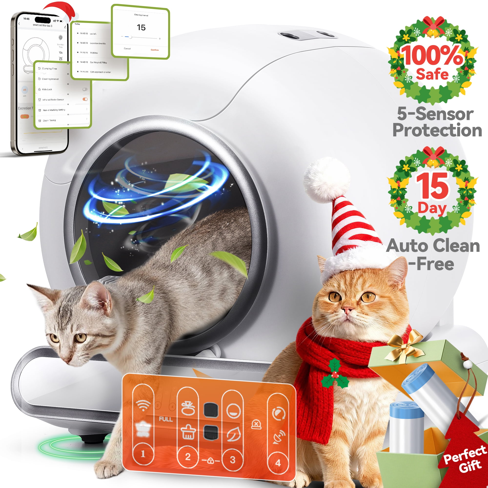 Self Cleaning Cat Litter Box, Automatic Litter Box with APP Control, Odor Removal, Safety Protection, 65L+9L Large Capacity, Litter Box with 2 Liners & Baffle Plate