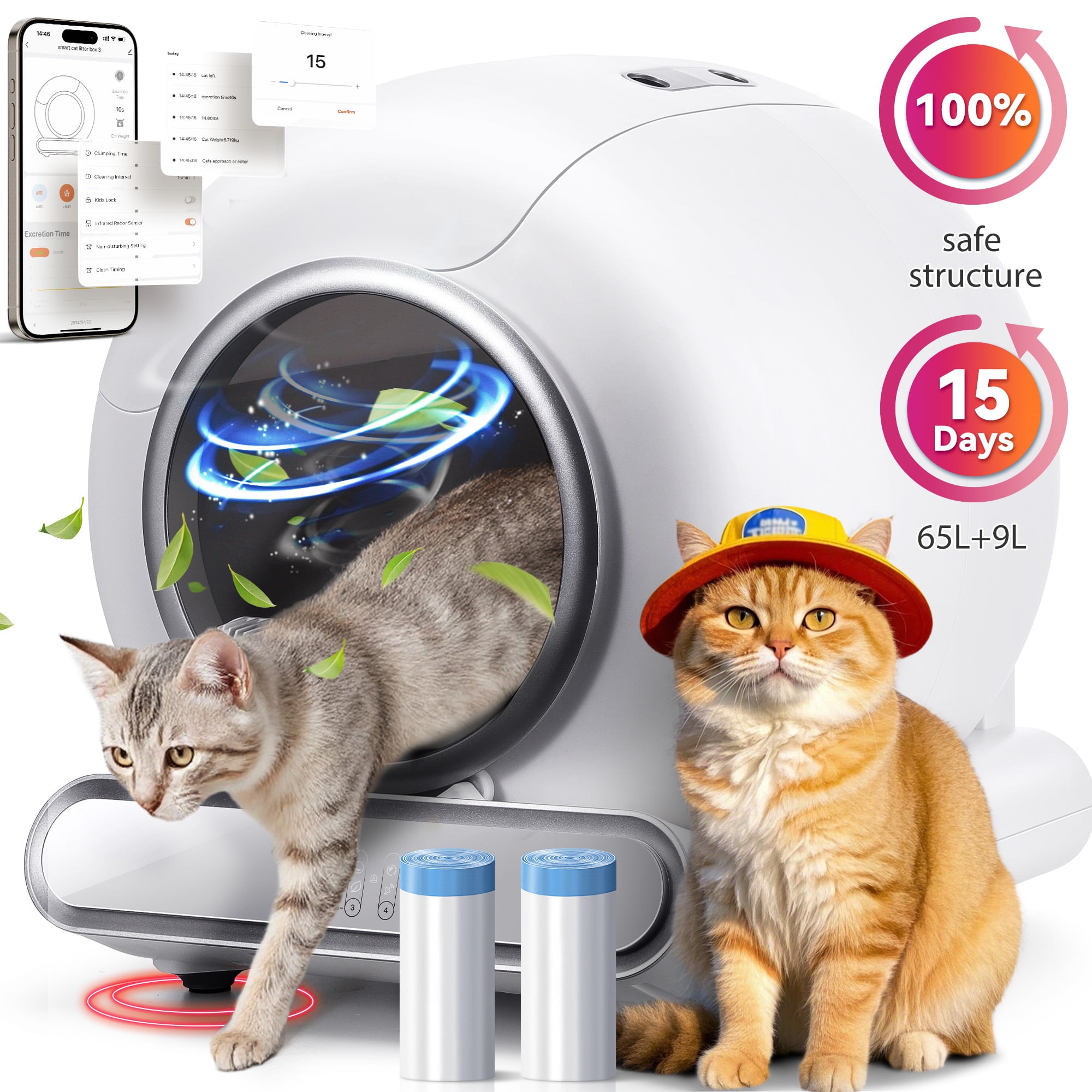 Self Cleaning Cat Litter Box,  Automatic Litter Box with APP Control, Odor Removal, Safety Protection, 65L+9L Large Capacity, Litter Box with 2 Liners & Baffle Plate