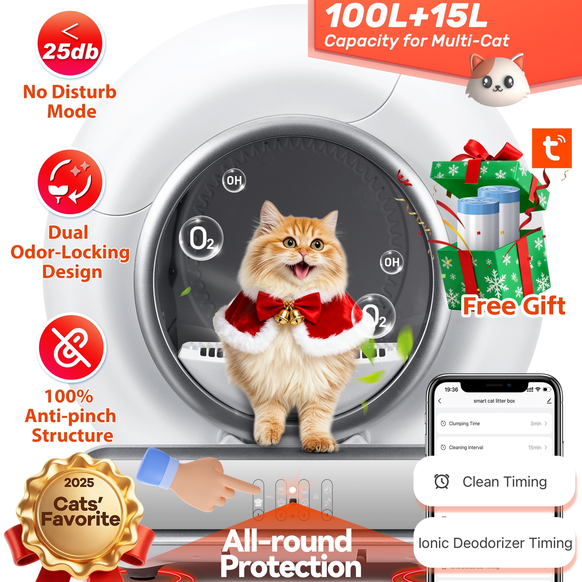 Self Cleaning Cat Litter Box, Automatic Litter Box w/ Liner, Dual Sensor Protection for Multi Cat, APP+ Panel Control, Odor Removal, Health Monitoring, Large Capacity Litter Box