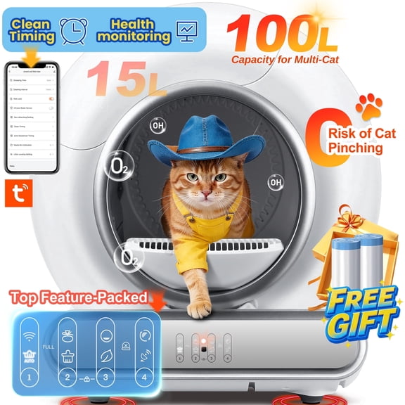 Self Cleaning Cat Litter Box, Automatic Litter Box w/ Liner, Dual Sensor Protection for Multi Cat, APP+ Panel Control, Odor Removal, Health Monitoring, Large Capacity Litter Box