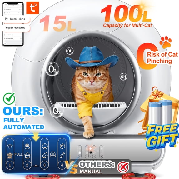 Self Cleaning Cat Litter Box, 115L Automatic Litter Box w/ Liner, 10 Sensor Protection for Multi Cat, Dual APP+ Panel Control,Odor Removal,Litter Box