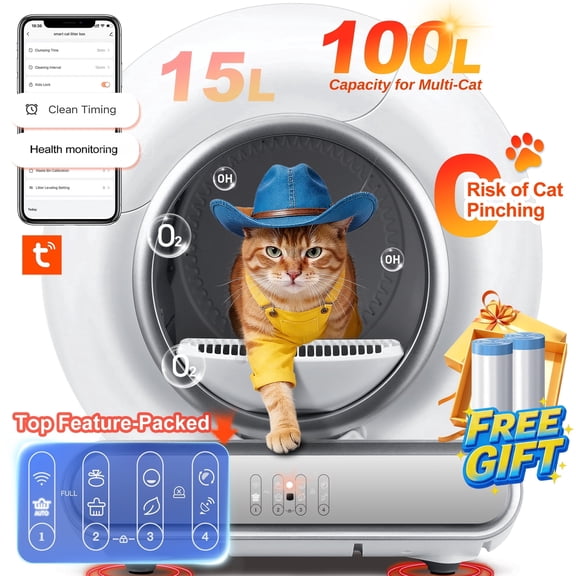 Self Cleaning Cat Litter Box, Automatic Litter Box w/ Liner, Dual Sensor Protection for Multi Cat, APP+ Panel Control, Odor Removal, Health Monitoring, Large Capacity Litter Box