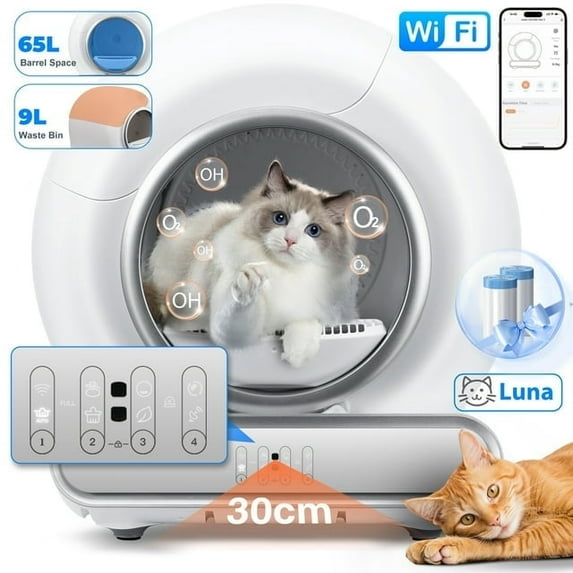 WNANEEZ White Self Cleaning Cat Litter Box, Automatic with APP Control, Odor Removal, 65L+9L Capacity