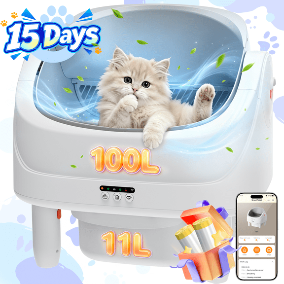Self Cleaning Cat Litter Box, Automatic Open Top Cat Litter Box for Multiple Cats, Smart Litter Box with APP Control, 111 L Large Capacity, 7-Sensor Protection, Low Odor Cat Litter Solution