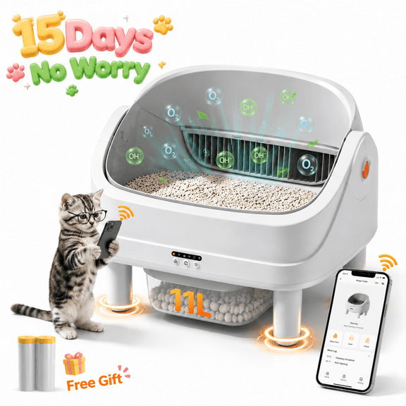 Self Cleaning Cat Litter Box, Automatic Open Top Cat Litter Box for Multiple Cats, Smart Litter Box with APP Control, 111 L Large Capacity, 7-Sensor Protection, Low Odor Cat Litter Solution
