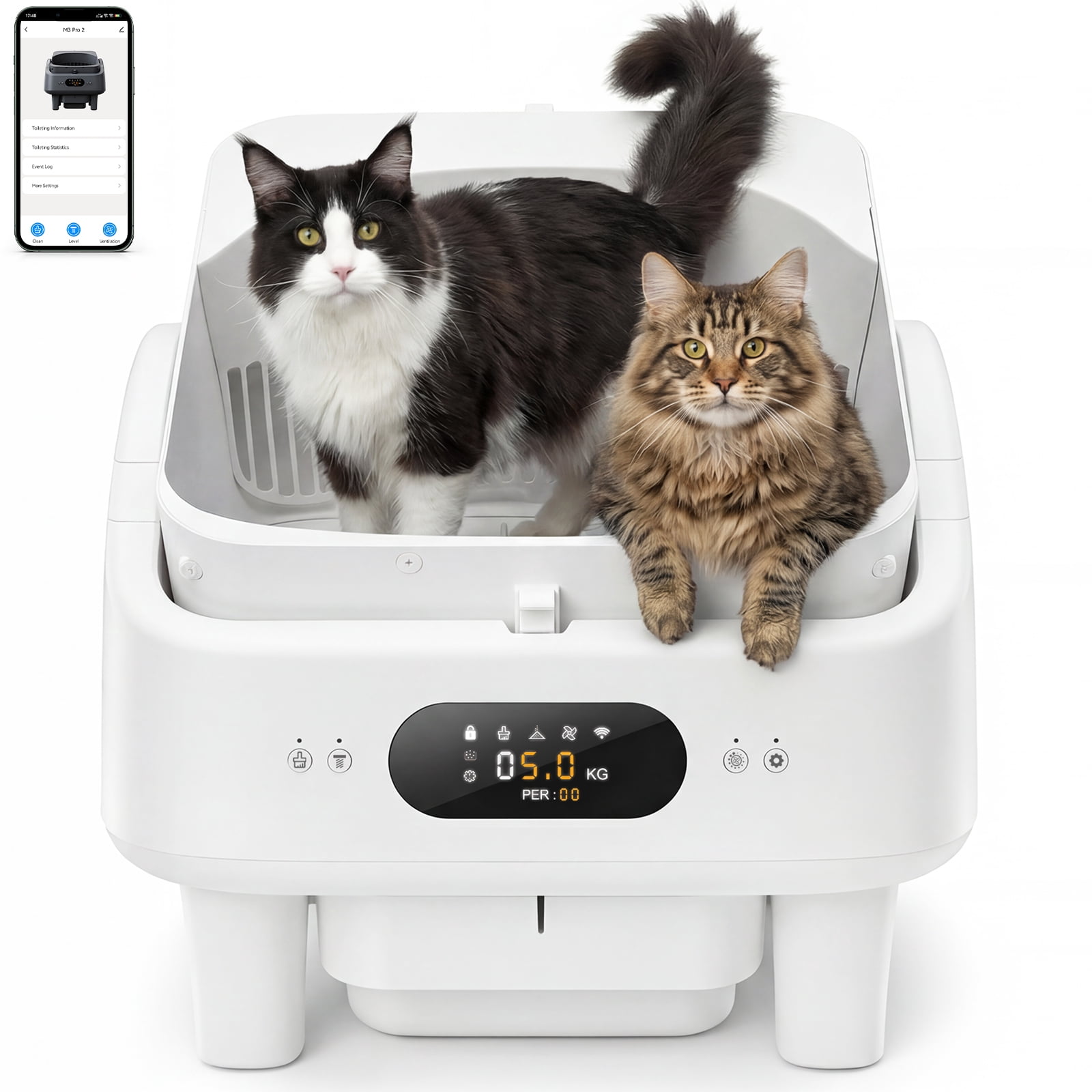 Self Cleaning Cat Litter Box, Cypcat Smart Automatic Litter Box Anti-Pinch, 10 Safety Sensors, 72L Large Cat Litter Boxs for Multiple Cats, 5G & 2.4G WiFi, 6" LED Display, Odor Control Robot, White