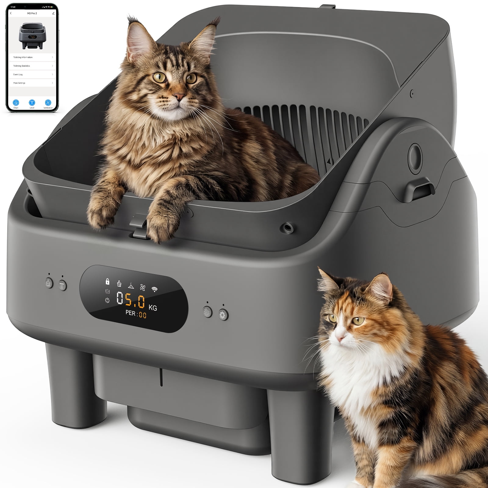 Self Cleaning Cat Litter Box, Cypcat Smart Automatic Litter Box Anti-Pinch, 10 Safety Sensors, 72L Large Cat Litter Boxs for Multiple Cats, 5G & 2.4G WiFi, 6" LED Display, Odor Control Robot, Grey