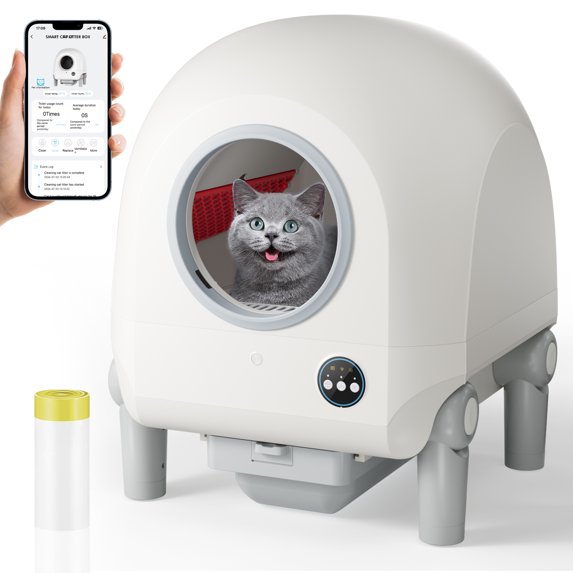 Self Cleaning Cat Litter Box/Large Capacity for Multiple Cats 68L-9L/Smart App Control No Scooping/Automatic Cat Litter Box includes Garbage Bag,White